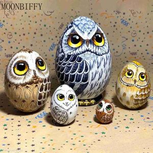 Arts and Crafts New Owl Figurines Miniatures Nesting Egg Crafts Set Matryoshka Dolls Handmade Wooden Art Toy Birthday Easter Gift For Kids a40 YQ240120