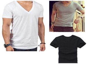 Ucuz yeni moda Men039s vneck tshirt sada pamuklu gündelik kısayollu beyaz siyah gri şık temel rahat üstler tee9888585