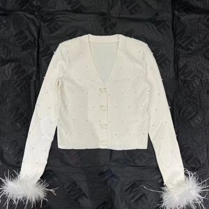 Kvinnors V-ringning långärmad Lureex stickad singelbröst pärla struts päls manschett tröjor kappa cardigans sml