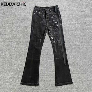 Men's Jeans REDDACHIC Black Wax Coated Flare Jeans Men Stretchy Fitted Matte Textured Bootcut Pants Patchwork Vintage Y2k Hip Hop TrousersL240119