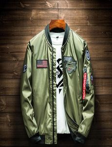 Erkek moda Amerikan bayrağı yama tasarımları pilot ceket kurdeleleri fermuarlı cep beyzbol üniformalı erkek ceket yeşil bombacı ceket1238388