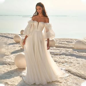 Zachęcona Brykta 2024 Kości słoniowej proste suknie ślubne boho z odłączonym puchu tiul rękawa seksowna ukochana a-liniowa liniowa sukienki ślubne