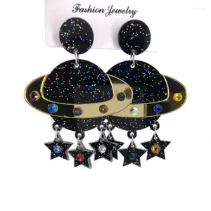 Dangle Earrings Exaggerated Colored Crystal Five-pointed Star Tassel Acrylic Eardrop The World Of Science Black Starry Sky Universe