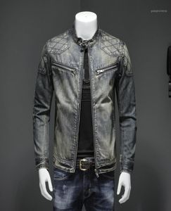 Herren039s Blue Denim Vintage Classic Biker Motorradjacke Stehkragen Retro Slim Fit Distressed Racer Jeans Mantel Drop Jackets9806535