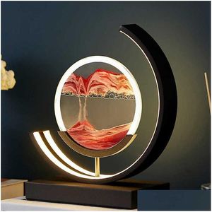 테이블 램프 3D LED 야간 조명 원격 제어 Quicksand Art Sand Scene Dynamic Round Glass Dathlass Dining Room 침실 침대 옆 Dh2ay