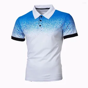 Herrpolos flip krage smal fit polo skjorta kort ärm t-shirt streetwear 3d gradient tryck t-shirts casual skjortor för män