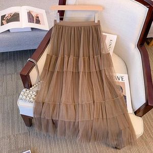 Skirts Tiered Tulle Long Skirt For Women 2024 Spring Summer Elegant Solid All-match A Line High Waist Pleated Midi Female P572