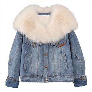 OC468M36 Winter Damen Daunenjacke Denim Langarmjacke Modischer Stil aus weißem Gänsedaunenfell mit Fuchskragen