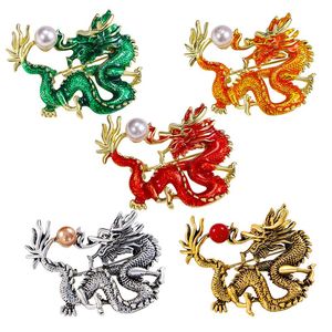Винтажные эмалированные броши с изображением дракона для женщин и мужчин, блестящие стразы, жемчуг, вечерние, офисные, в китайском стиле