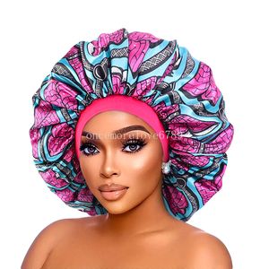 Elástico feminino tamanho grande cabeça envoltório padrão africano impressão gorro cetim touca de banho touca de sono moda beleza e cuidados com o cabelo chapéu