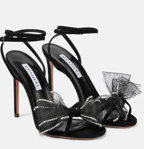 Elegant brudbröllop Reve Sandaler skor !! Luxe Bow Crystal-embellished Suede Leather High Heels Sliver Black Lady Comfort Party Wedding Pumpar EU35-43