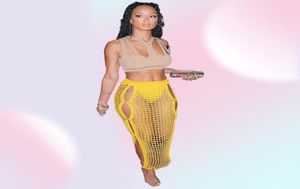 Anjamanor Sexy Crochet malha saias longas roupas de férias de verão clube de praia wear hollow out split maxi skirt amarelo d83dc17 y084229629