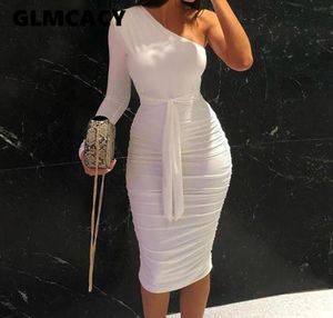 Women Elegant Fashion Sexy White Cocktail Party Slim Fit Dresses One Shoulder Belted Ruched Design Bodycon Midi Dress3596022