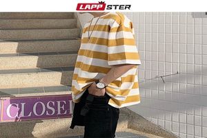 ラップスターメンズストリートウェアストライプTシャツ夏のメンズ面白いヒップホップルーズTシャツ男性ビンテージファッションティーカジュアルイエロートップMX20051611995