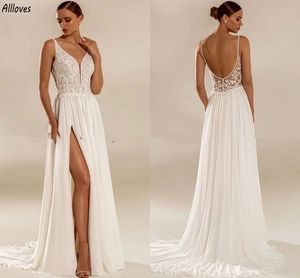 Plus Size V Neck Sexy Side Split A Line Wedding Dresses Summer Beach Elegant Lace Chiffon Boho Bridal Gowns With Pleats Vestidos De Novia Backless Bride Robes CL3221