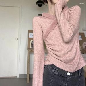 Women's T Shirts Autumn Winter Thin Young Style Tops Solid Ladies Long Sleeve Pullovers Sweet T-Shirts Elegant Interior Lapping Clothing