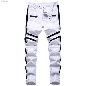 Jeans masculinos punk jeans homens zíper hip hop slim fit branco bicicleta jeans elástico split denim calças de algodão moda casual jogging roupas masculinas l240119