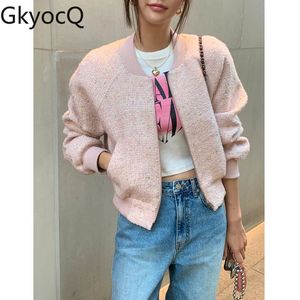 GkyocQ Korean Chic Women Tops Coat Sweet Pink Color Long Sleeve O Neck Zipper Design Short Tweed Jacket Dongdaemun Fashion 240118