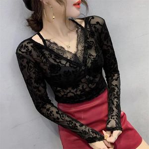 Women's Blouses Women Sexy Eyelash Lace See Through T Shirt Black V Neck Long Sleeve Hollow Transparent Undershirt Base Top Femininas