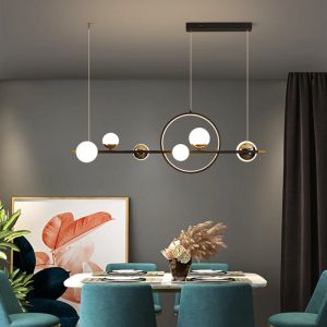 Lampada a sospensione a LED a cerchio nordico per tavolo da pranzo, cucina, camera da letto, sfera di vetro bianco latte, vernice di ferro, luce interna oro nero