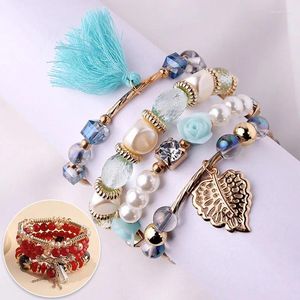 Strand Fashion Crystal Pearl Armband Color Bohemian Style Glass Alloy Temperament Tassel Multi-Layer Women Bangles smycken