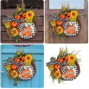 Decorative Flowers Fall Wreath Pumpkin And Sunflower For Front Door Wall Window Thanksgiving Suction Cups