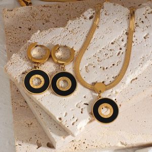 Halskette-Ohrringe-Set, römische Ziffern, schwarz, rund, für Damen, Edelstahl, Fischgrätenmuster, goldfarben, Kette, Statement-Schmuck