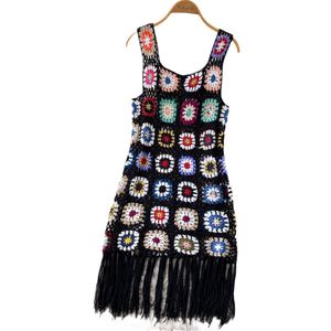 Summer women's loose knitted crocheted hollow tassel vest dress