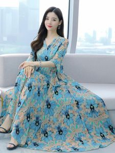 Dress Women Casual Beach Long Dress Blue Summer Chiffon Floral Fashion Prom Midi Dresses Clothes For Party Elegant Luxury Evening 2023