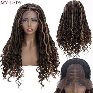 My-lady sentetik 27 '' Tanrıça sahte locs peruk örgülü dantel ön peruk, kıvırcık uçlu tığ işi saçlı dreadlocks peruk 240119