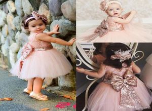 Abiti da festa di compleanno per neonati e bambini Blush Pink Paillettes in oro rosa Fiocco in pizzo Girocollo Lunghezza tè Tutu Wedding Flower Girl Dre7499497