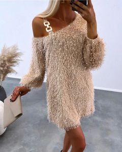 Casual Dresses Women Fluffy Cold Shoulder Dress 2024 Femme Sexy Long Sleeve Ruched Mini Skinny Robe Lady Basic Clothing Vestidos