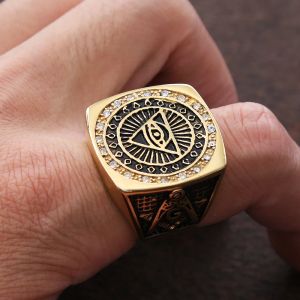 Vintage Mason Masonic Ring Crystal Mens Ring Punk Heavy Duty 14k Yellow Gold All Seeing Eye Ring Biker Jewelry Gift