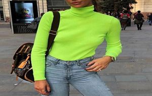 Einfarbiges Harajuku-Rollkragen-Baumwoll-T-Shirt Neongelb-Grün Strick-Crop-Langarm-Top im koreanischen Stil Haut Femme 213210312