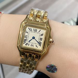 Klasyki Kobiety zbiorniki zegarki Szwajcarskie Kwarc Ruch Złota sukienka zegarek Lady Square Precision Steel Case z srebrnym plastowanym mieczem w kształcie niebieskiego wskaźnika stalowego 27*37 mm