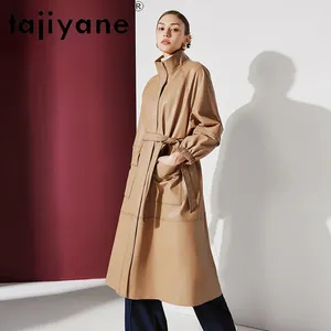 Frauen Leder Tajiyane Retro Kopf Schicht Schaffell Trenchcoat Für Frauen 2024 Winter Lange Windjacke Pflanzen Gegerbtem Echte Jacke