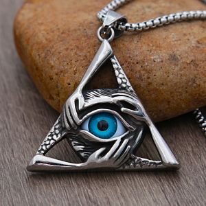 Retro All Seeing Eye Anhänger Halskette Punk Dreihändige Umarmung Dreieck Evil Eye Halskette 14K Weißgold Herren Schmuck Geschenk