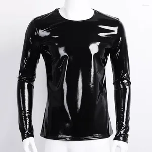 Men's T Shirts Mens Glossy PVC Leather Shirt Long Sleeve Slim Fit Wet Look Patent Tees Sexy Casual Party Nightclub Muscle Tshirt Male