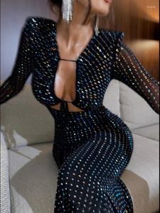 Casual Dresses 2024 Elegant paljett Sparkle Sexig Maxi Dress for Women Fashion Hollow Out See Through Long Sleeve Slim BodyCon Club Party
