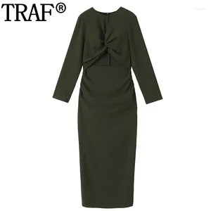Casual Dresses Knot Long For Women 2024 Ruched Cut Out Dress Woman Autumn Elegant Party Sleeve Midi Bodycon
