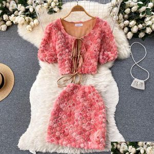 Vestido de duas peças novo verão duas peças vestido temperamento gola lanterna manga rendas até cintura camisa superior alta perna larga floral curto dhuf8