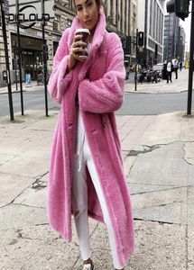 ピンクの長いテディベアジャケットコート女性冬の濃い暖かい大きさのチャンキーアウターオーバーコート女性フェイクラムスウィールファーコート2009243647682
