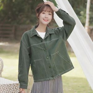 Kvinnors jackor grön denim jacka kappa kvinnor lösa koreansk stil vridning krage långärmad jean vår höst casual