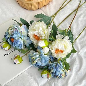 Decorative Flowers 1pc Simulation 2 Head Long Stem Silk Peony Artificial Flower Oil-painting Home Living Room Decor Pography Props