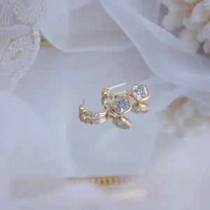 Brincos de parafuso prisioneiro 14k ouro real moda jóias quadrado cristal em forma de c requintado para mulher festa de férias elegante brinco