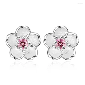 Stud Earrings 925 Silver Needle Fashion Cherry Blossoms Flower Crystal Ladies Cute Women Jewelry Birthday Gift
