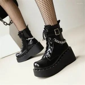 Boots PXELENA Gothic Motorcycle Biker Combat Ankle Women Metal Chain Buckle Wedge Platform High Heels Punk Cosplay Shoes 34-43