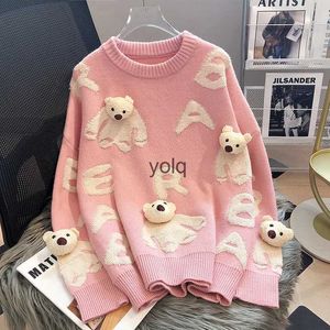 여자 스웨터 kawaii 3 차원 귀여운 장식 곰 대형 핑크 스웨터 여자 2023 New Fashion Casual All Match Jumper Knitted Topsyolq