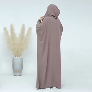 Abbigliamento etnico Solido Abaya con cappuccio Donna musulmana Loos Abito taglie forti Nappa Coulisse Dubai Turchia Indumento di preghiera islamico Ramadan Eid