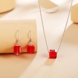 Necklaces Real S Sier Red Cube Jewelry Sets Original Crystals From Austria Pendant Necklace Drop Earrings for Women Wedding Christmas